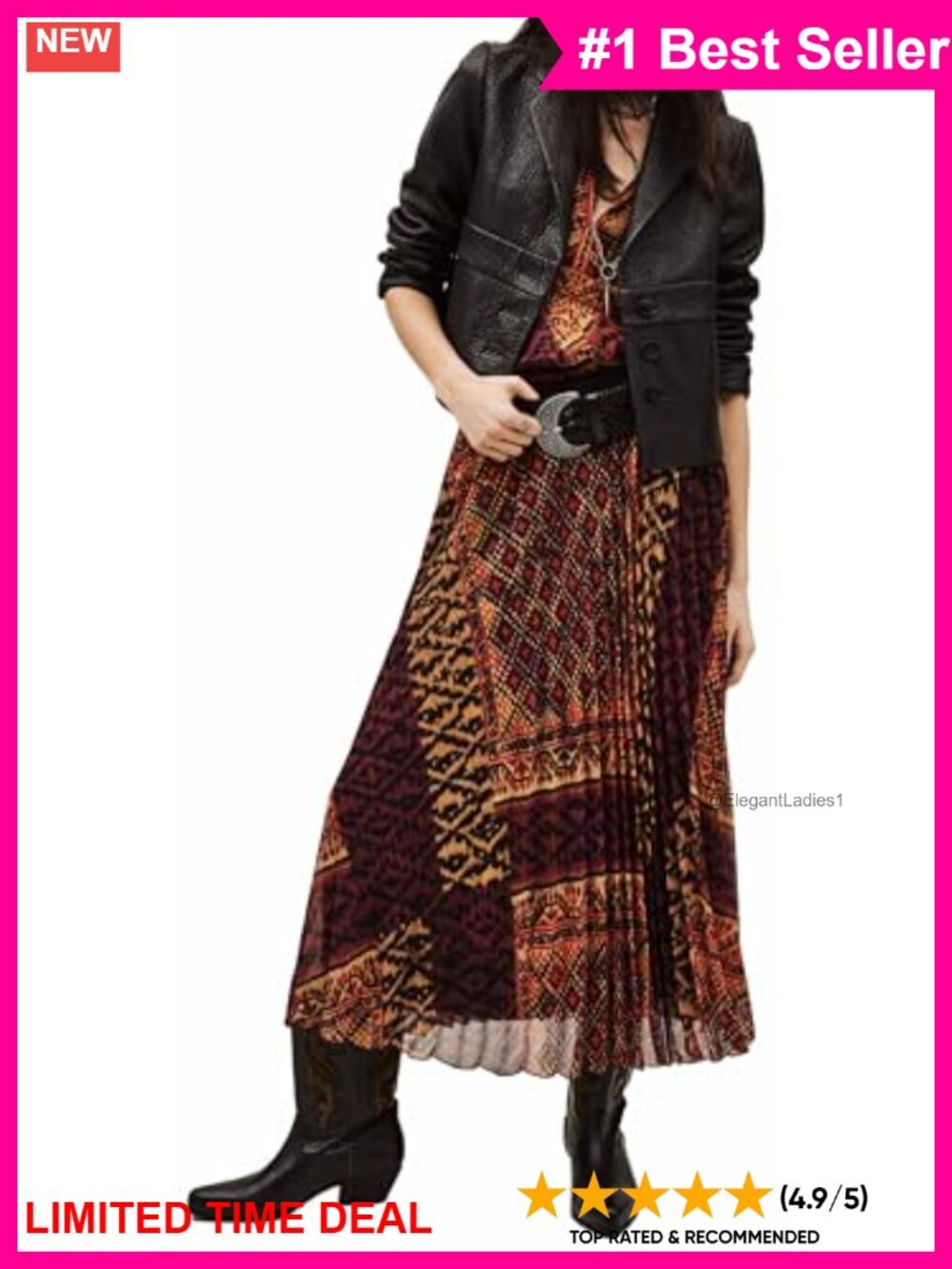 Pleated Flared Midi Skirt 100% Polyester Folk Print Embellished Belt